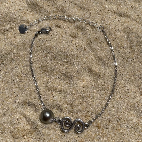 Bracelet argenté spirale et perle de Tahiti