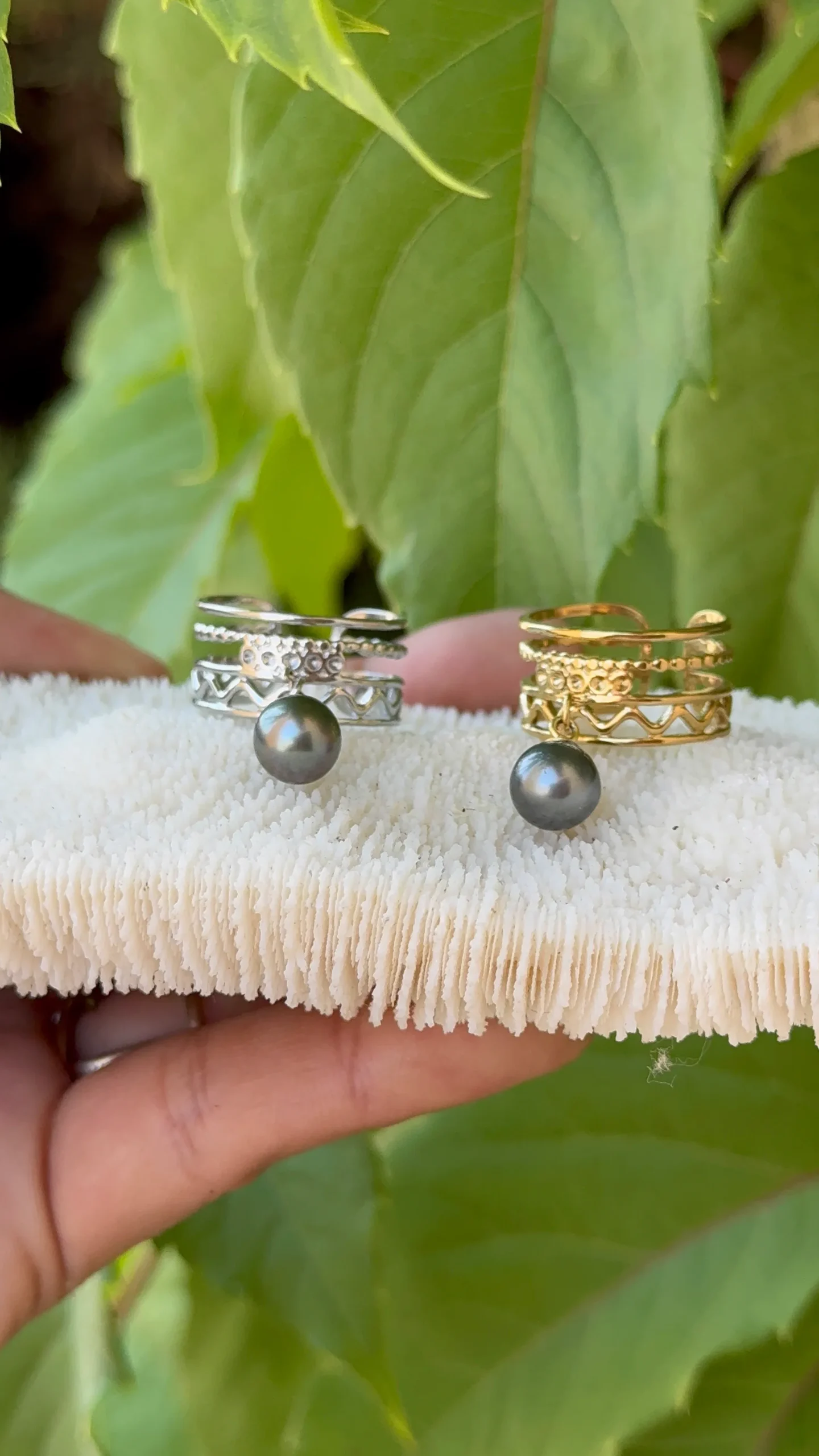 Bague Tehani acier inoxydable doré et argenté et sa perle de Tahiti