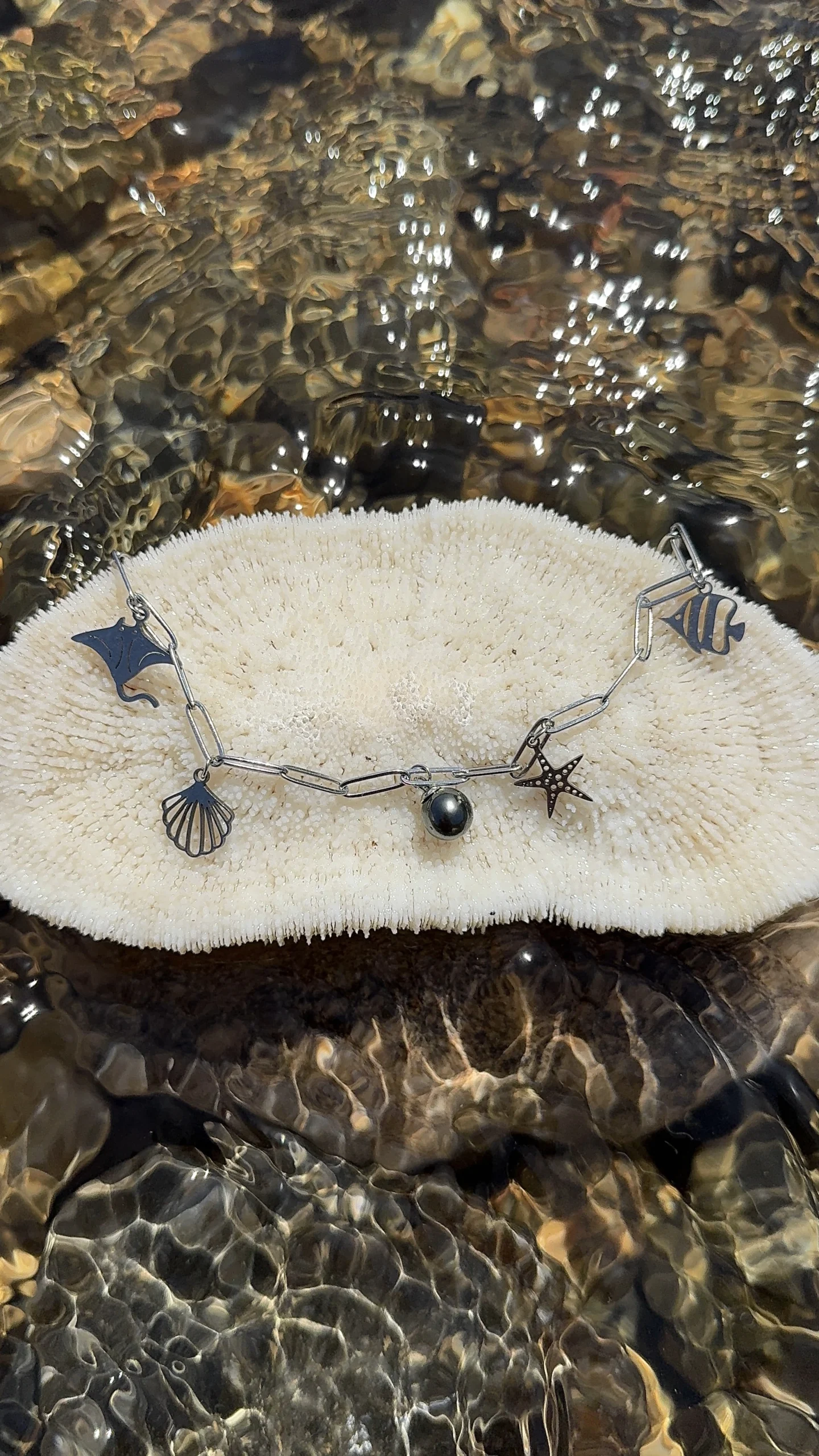 Bracelet Moana argenté avec breloque et perle de tahiti